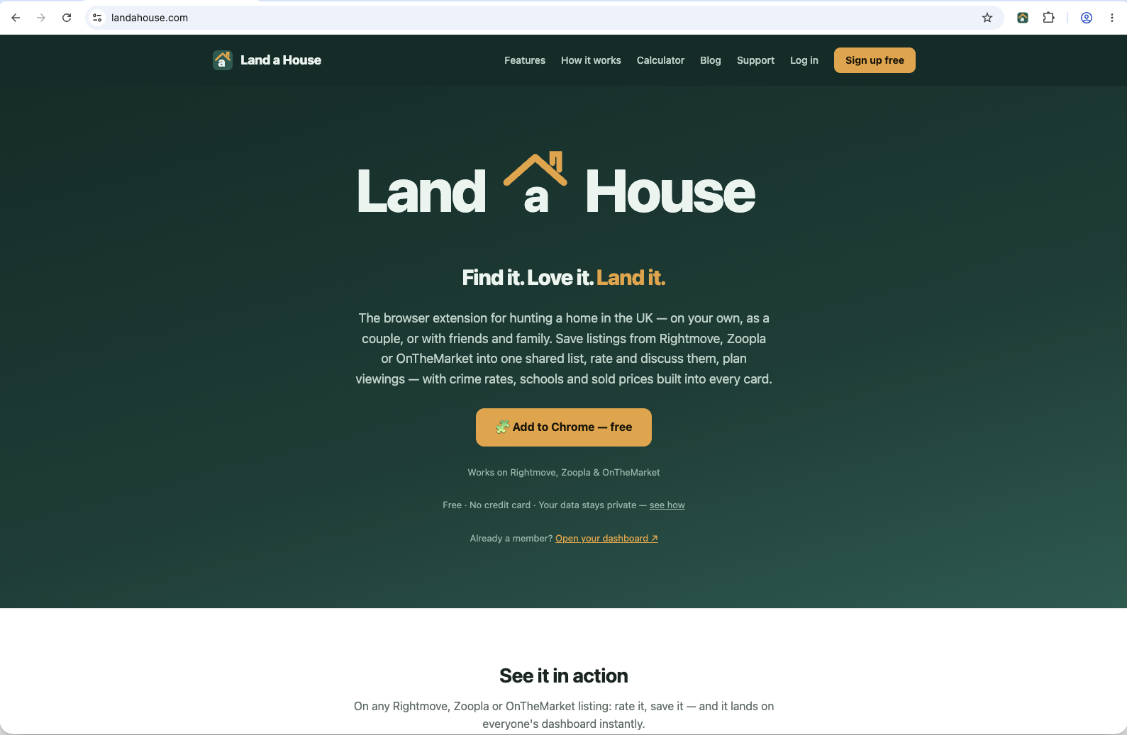 The Land a House homepage with the Add to Chrome button