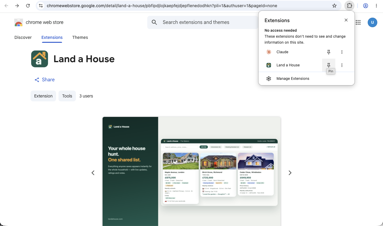 Pinning Land a House from Chrome's extensions menu