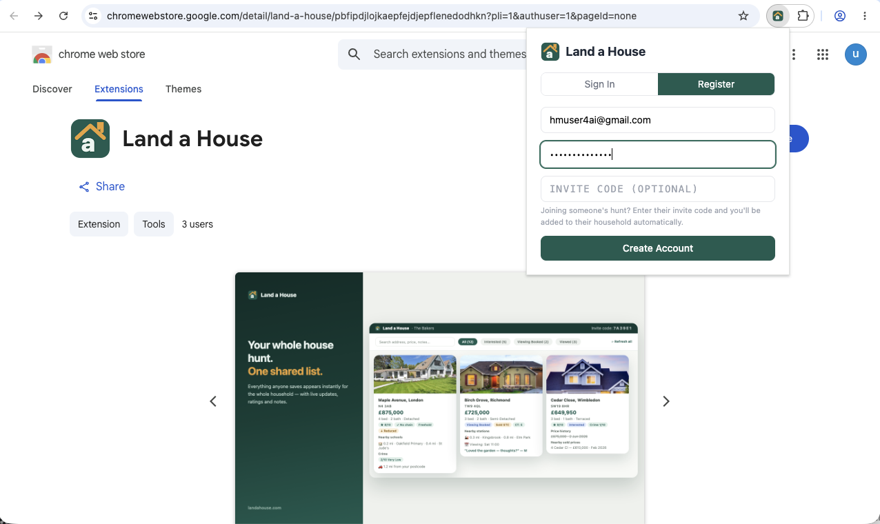 The register form in the extension popup