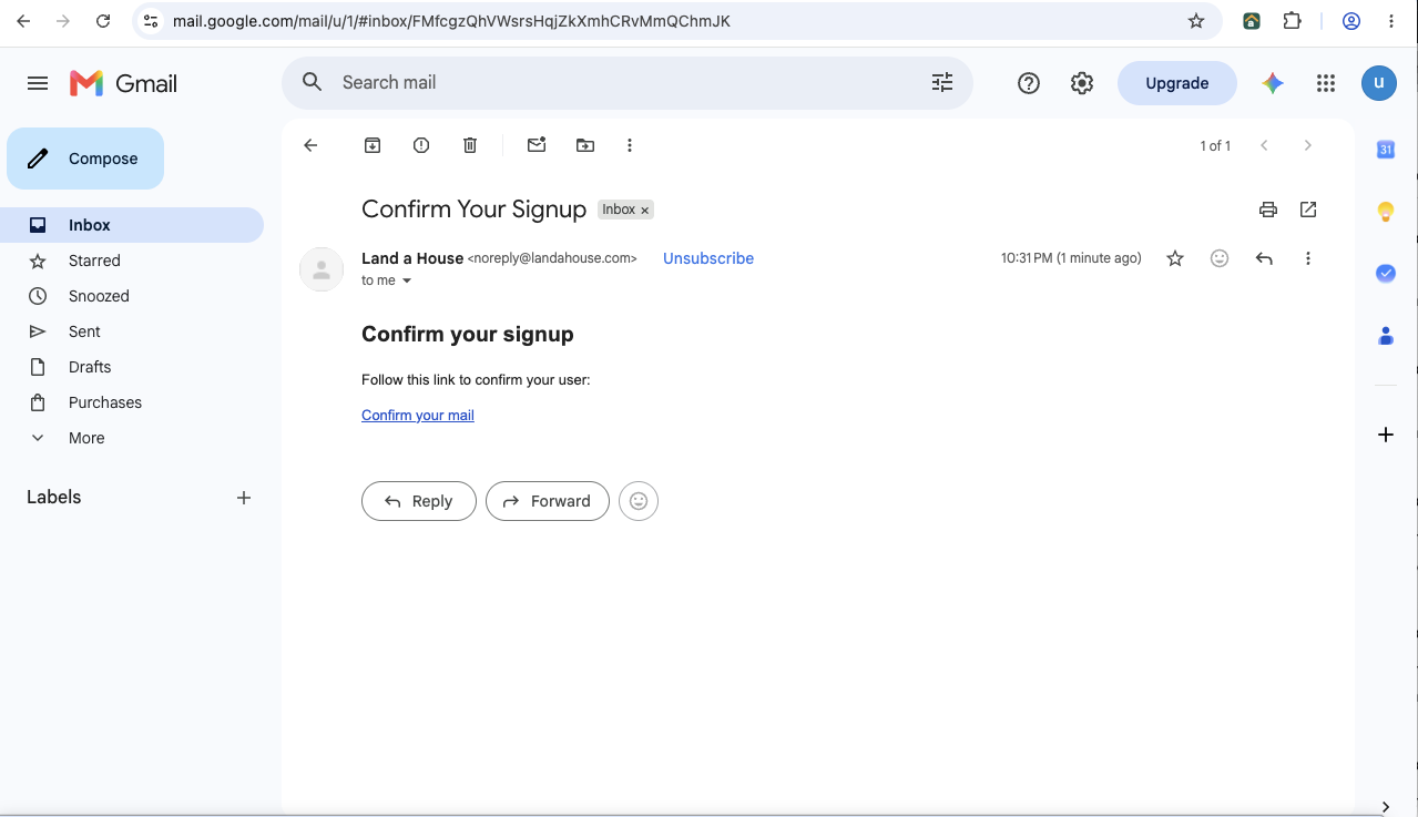 The confirmation email from Land a House in Gmail