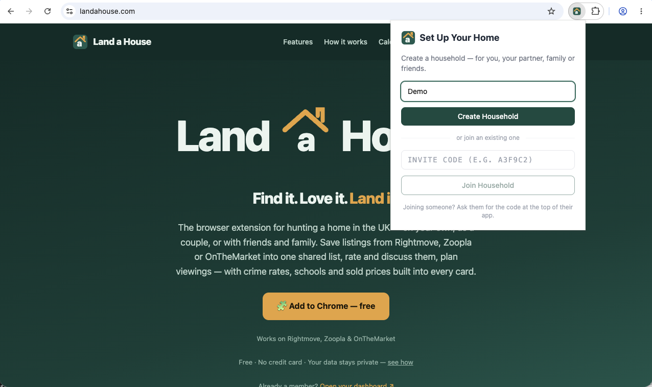 Creating a household in the extension popup