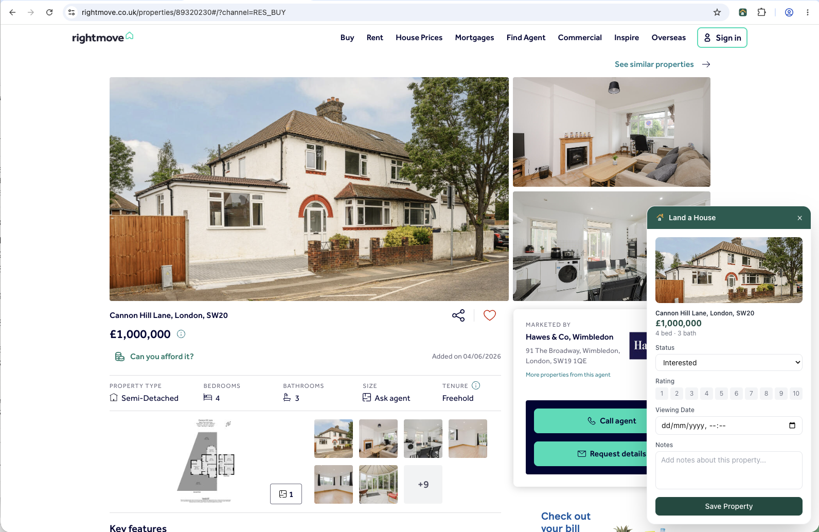 The Land a House save panel on a Rightmove listing