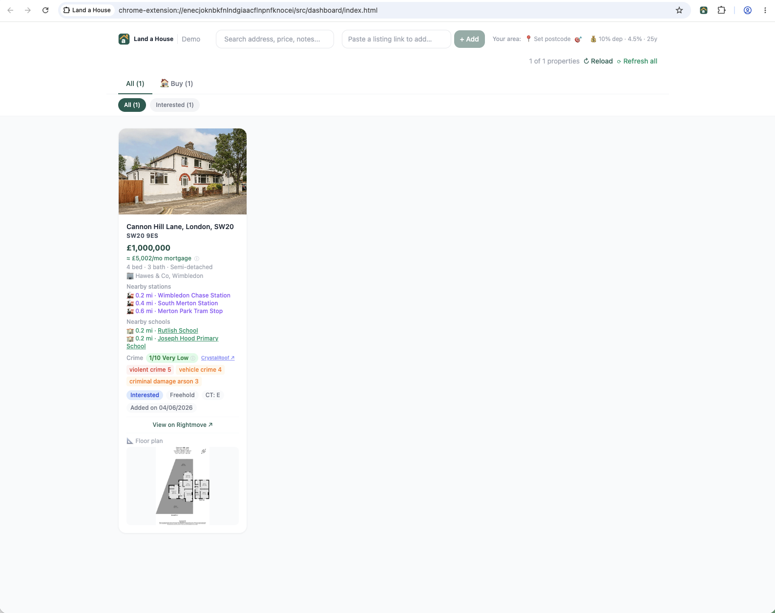 A saved property card on the Land a House dashboard